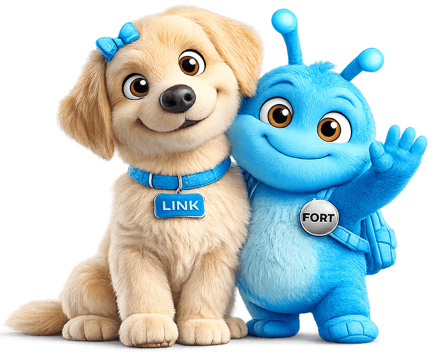 Link, a cachorra de laço azul, e Fort, o personagem azul, mascotes da Linkfort, acenando